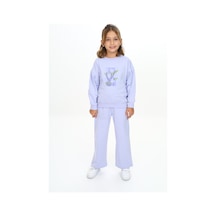 Toontoy Kids Toontoy Kız Çocuk 2'li Takım Baskılı Bisiklet Yaka Sweatshirt & Beli Lastikli Bol Paça Eşofman Altı - Garni Detaylı & 2 İplik Açık Lila