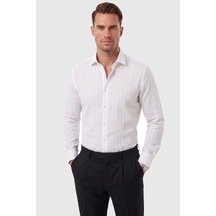 Deepsea Erkek Slim Fit %95 Pamuk Çizgi Dokulu Beyaz Ütü Gerektirmeyen Gömlek 2600002