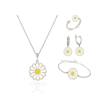 Brezza Lusso Jewelry 925 Ayar Gümüş Papatya Model Kolye Yüzük Küpe Bileklik Kadın Set