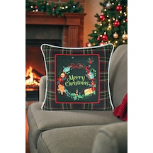 Kırlent Kılıfı Yılbaşı Temalı Merry Christmas 45x45 Raşel Örme Kadife Dijital Baskı Beyaz Biyeli Çok Renkli