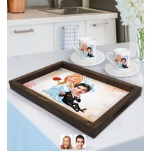 Kişiye Özel Evleniyoruz Karikatürlü Doğal Ahşap Tepsi Ve 2 Li Kahve Fincan Seti-2