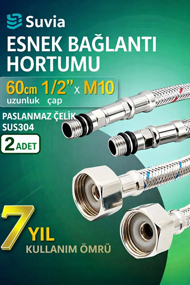Musluk Bağlantı Hortumu 60 Cm 1/2 X M10 Çelik Fleks 2 Adet Gümüş