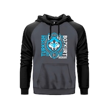 Dikey Turkish Bozkurt Tipografili Mavi Baskılı Gri Renk Reglan Kol Sweatshirt Kapşonlu