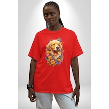 Golden Çiçekli Baby Face Pamuklu Bisiklet Yaka Unisex Oversize Boyfriend Dijital Baskılı Kırmızı T-shirt Kırmızı