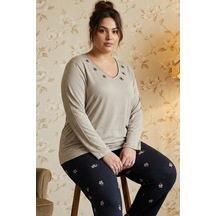 Siyah İnci Bej Desenli Nakışlı Büyük Beden Battal Boy Viskon Örme Pijama Takım 26224835