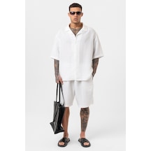 Oversize Modal Kumaş Şort Gömlek Takım Beyaz
