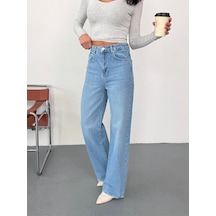 Kadın Mavi Taşlamalı Wide-leg Jean Yüksek Bel Geniş Paça Kot Pantolon Mavi+taşlamalı