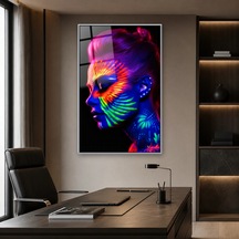 Neon Boyalı Kadın Profili Gümüş Çerçeveli Cam Tablo