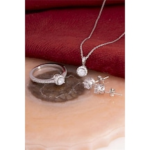 925 Ayar Gümüş Rodyumlu Beyaz Zirkon Taşlı Yuvarlak Bayan Takı Seti