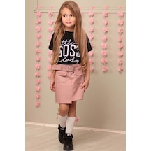 Riccotarz Kız Çocuk Little Boss Yazı Baskılı T-shirt Cep Detaylı Kemerli Pudra Deri Etekli Takım Pudra