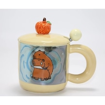 Buğz Capybara Desenli Kapaklı Kaşıklı Porselen Kupa Bardak Diğer