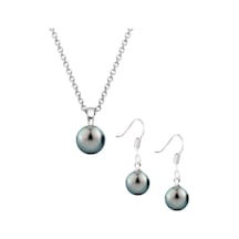 Siyah İnci Kadın Gümüş Set Küpe-kolye Yuvarlak Sallantılı Kanca Model 8 Mm