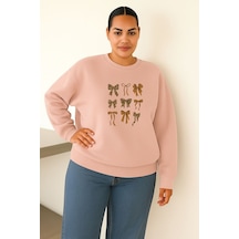 Benroma 3 İplik Penye Kurdelalar Baskılı Büyük Beden Unisex Sweatshırt Pembe