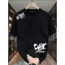 Genel Markalar 20/1 Penye Compack Day One Baskılı Oversize Bisiklet Yaka T-shirt - Siyah - Renkli