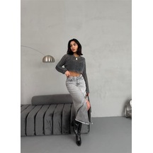 Zeo Basic Kadın Maxi Boy Ön Yırtmaç Detaylı Gri Kot Etek Gri