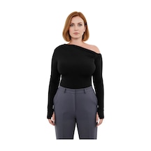 Ersefa Kadın Uzun Kollu Asimetrik Yaka Polyester Bluz Sandy Dokuma Günlü siyah