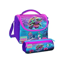 Coral High Pembe Mor Kaplumbağa Desenli Kız Çocuk Isı Yalıtımlı Beslenme Çantası Ve Kalemlik Seti