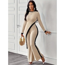 Asfstore Kadın Uzun Kollu Bisiklet Yaka Asimetrik Kesim Bluz Şardonlu Kaşkorse Bluz Ve Pantolon Ikili Takım Bej