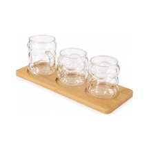 3 Lü Cam Kahve Bardağı Seti Bambu Standlı, Modern Tasarım Kulplu Şeffaf Cam Bardak, Türk Kahvesi Espresso Sunumluk İkramlık Seti, Dekoratif Servis Tepsili Kahve Sunum Seti Çok Renkli