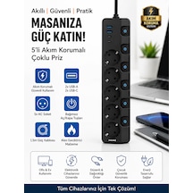 9in1 3680w Anahtarlı 5 Soket 2 Usb 2 Type-c 2m Kablolu Hızlı Şarjlı Akım Korumalı Çoklu Priz 0 - 2 M