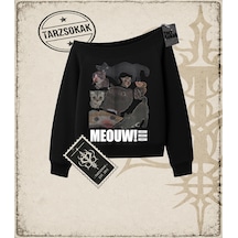 Tarzsokak Gotik & Grunge Streetwear Meouw Meouw Meouw Kayık Yaka Sweatshirt Siyah