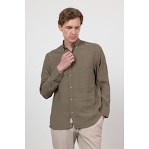 İmza Haki Düğmeli Yaka Uzun Kol Cepsiz Slim Fit Modal Gömlek 1004260162