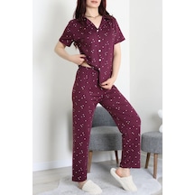 Modi Milan Kumaş Düğmeli Pijama Takımı Mürdüm - 750.1287. Açık Bej - Siyah