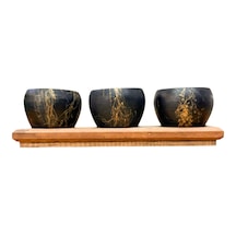 Bitki Tasarımı Black Marble Premium 3'lü Sukulent Kaktüs Saksı Seti Ahşap Standlı Dekoratif Saksılık 0.9 L