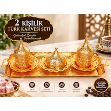 Osmanlı Motifli Türk Kahve Takımı Tepsili Metal Sarı 2 'li