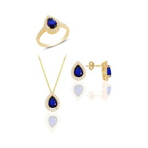 Gümüş Altın Yaldızlı Safir Taşlı Damla Modeli Üçlü Set