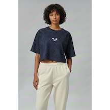 Soft&Basic Kadın Nakışlı %100 Organik Pamuk Bisiklet Yaka Kısa Crop T-shirt Lacivert