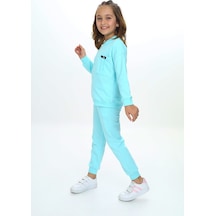 Toontoy Kids Toontoy Kız Çocuk 2'li Takım Baskılı Bisiklet Yaka Kolu Fırfırlı Sweatshirt & Beli Paçası Lastikli Cepli Jogger Eşofman Altı - 2 İplik Su Yeşili
