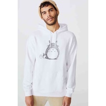 Komşum Totoro Baskılı Beyaz Erkek Örme Kapşonlu Sweatshirt (534796888)