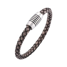 Vintage Hakiki Deri Bileklikler Erkekler Charm Manyetik Paslanmaz Çelik Toka Bilezikler Ve Bileklikler Hediye Bb0243 Gri