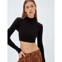 Koton Koton X Zeynep Bastık - Boğazlı Triko Crop Kazak Uzun Kollu Slim Fit Siyah 5wak90560ht Siyah