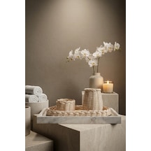 Rattan Banyo Organizer Seti Mermer Tepsi + Hasır Sepet 3'lü Set Krem Rattan Banyo Organizer Seti Mermer Tepsi + Hasır Sepet 3'lü Set Krem