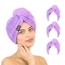 3'lü Paket Mikrofiber Saç Havlusu 2 Düğmeli Saç Kurutma Bonesi Baş Havlusu Lila-lila-lila