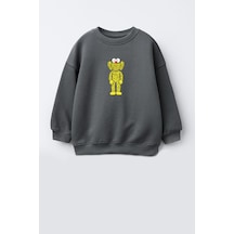 Monila Unisex Çocuk Kaws Baskılı 3 İplik Kumaş Pamuklu Sweatshirt Antrasit