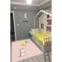 Dijital Baskılı Pembe Tavşan Desenli Dekoratif Yıkanabilir Kaymaz Taban Çocuk Halısı Çok Renkli