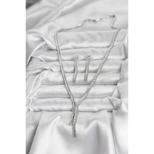 Mey İthalat Gümüş Renk Baget Zirkon Taşlı Kadın Kolye Küpe Set - Özel Seri Meyeb690893783594b6ce440909f8