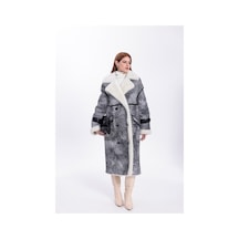 M M Marki Marki Kadın Hakiki Deri Uzun Palto Gri Eskitme Oversize Kruvaze Düğmeli İçi Kürklü 115 Cm - 119522 Gri Vintage