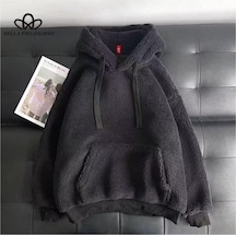 Sonbahar Kış Yeni Kuzu Yünü Sıcak Düz Renk Kazak Kore Tarzı Rahat Cashion Kapşonlu Polar Astarlı Gevşek Kazak Siyah