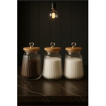 3 Lü Bambu Vakumlu Kapaklı Cam Çay Şeker Tuz Kavanoz Seti 750 Ml Bej Bej