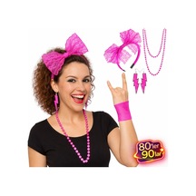 80 Ler 90 Lar Neon Pembe Parti Seti Kolye Küpe Taç - Ccgx-874159 Çok Renkli