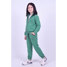 Fyk Kids Kız Çocuk Sr Baskılı Dik Yaka Çift Cepli Fermuarlı Eşofman Takımı Yeşil