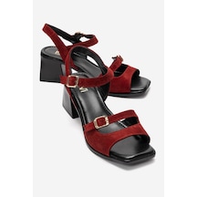 Luvi Shoes Yolen Kırmızı Süet Hakiki Deri Kadın Kalın Topuklu Sandalet