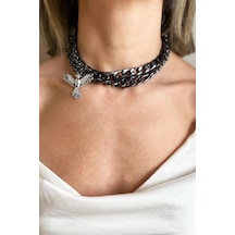 Gri Anka Detaylı Siyah Zincir Choker Kolye Krem