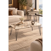 Odera Beyaz Mermer Desenli Orta Sehpa Ve Zigon Sehpa 4'lü Set Metal Tel Ayaklı Modern Salon Sehpası Diğer