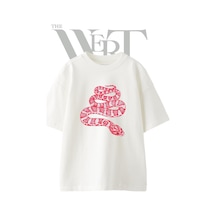 Thewert Kirmizi Yilan Tasarım Baskılı Ünisex Beyaz Oversize T-shirt