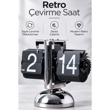 Exenar - Siyah - Masaüstü Mekanik Sayfa Çevirmeli Retro Saat Vintage Minimalist Yaprak Masa Saati Paslanmaz Çelik Gri - Siyah